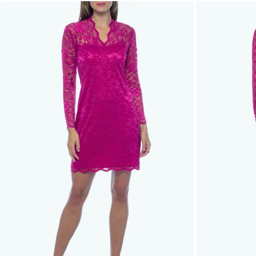 Marina Scallop Lace Mini Sheath Dress Long Sleeves Fuchsia Color Size Small